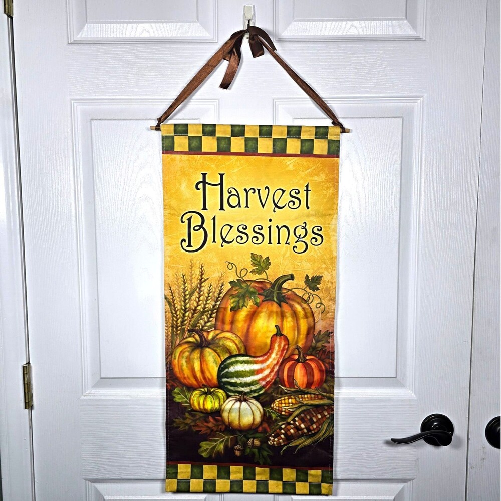 Harvest Blessings Thanksgiving Fabric Wall Hanging Banner Pumpkin Multicolor 30